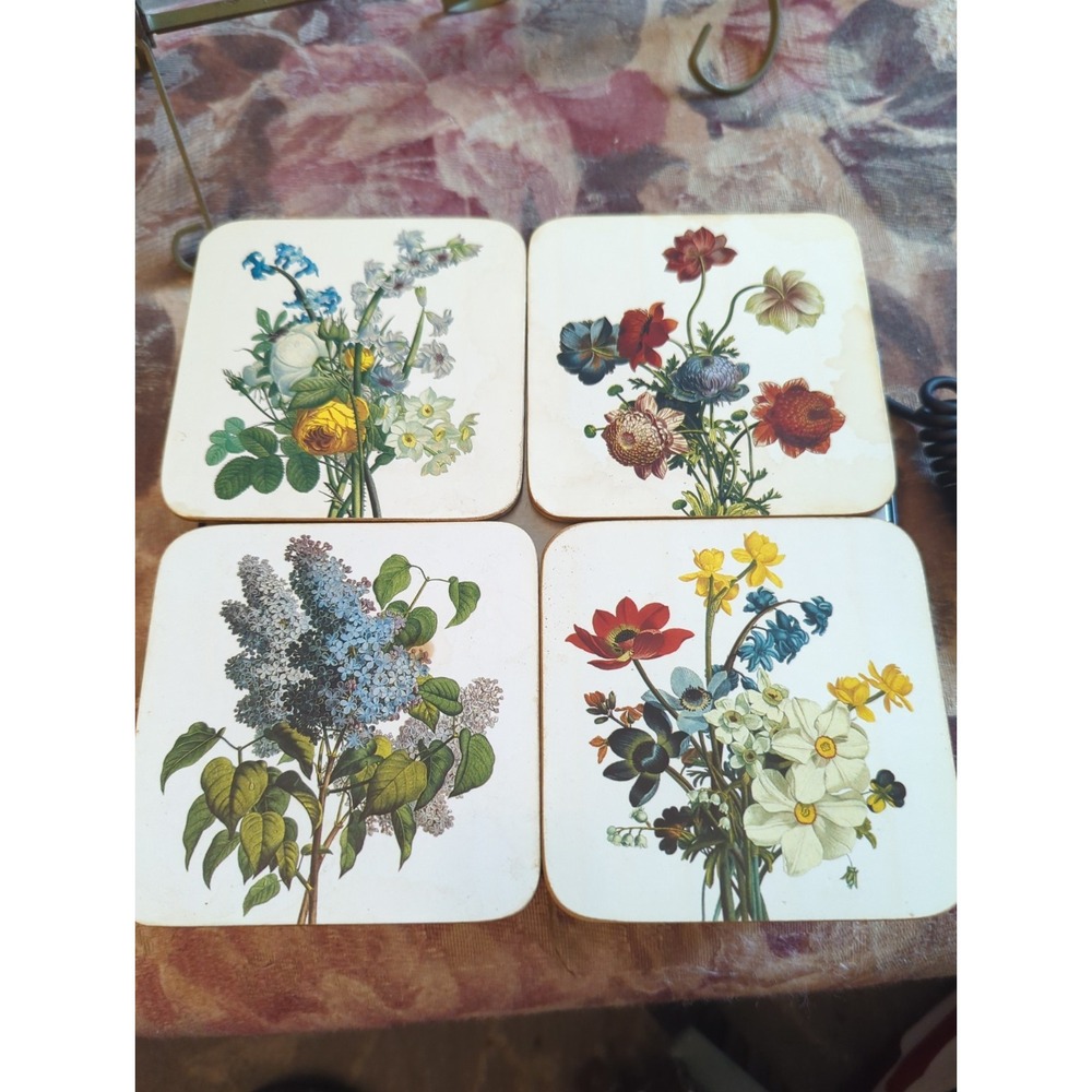 4 VTG Garden Drink Coasters Cork Backed Floral Flowers Garden Cottage